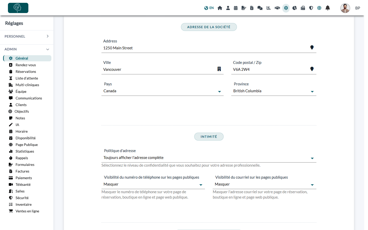 Sections Adresse de la société et confidentialité de l'adresse