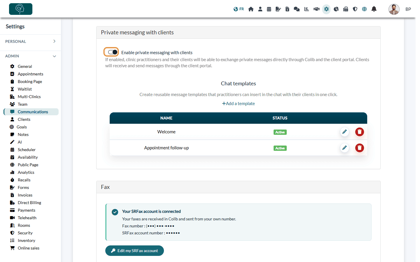 Enable private messaging with clients in Settings > Communications