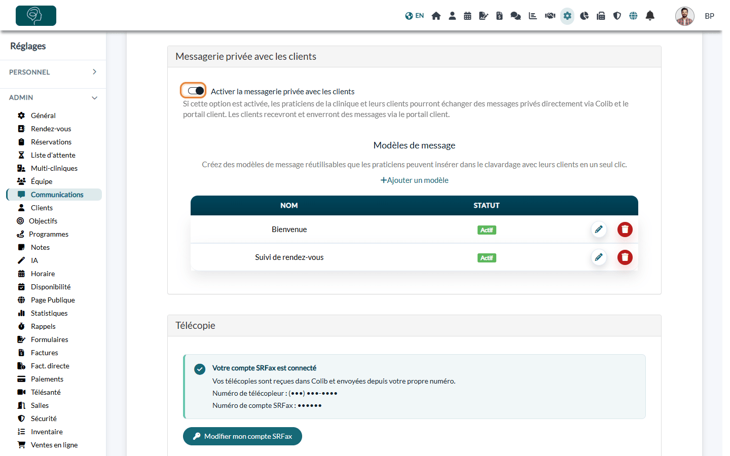 Option Activer la messagerie privée avec les clients dans Réglages > Communications