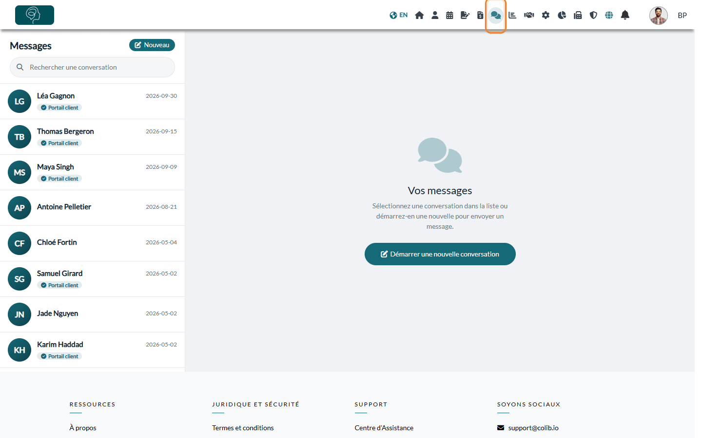 Icône Messagerie dans la barre du haut et page Messages