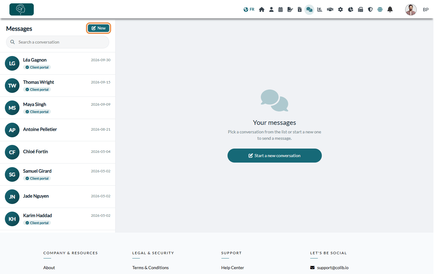 Messages page with the list of conversations and the New button