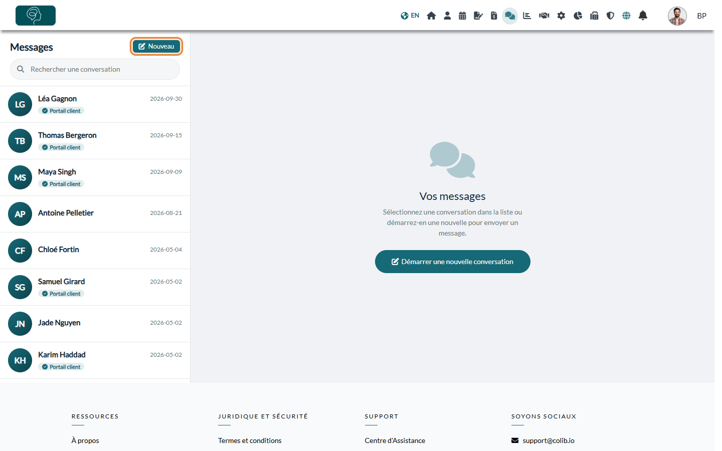 Page Messages avec la liste des conversations et le bouton Nouveau