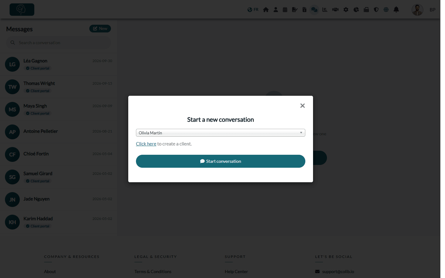 Start a new conversation window with a client selected