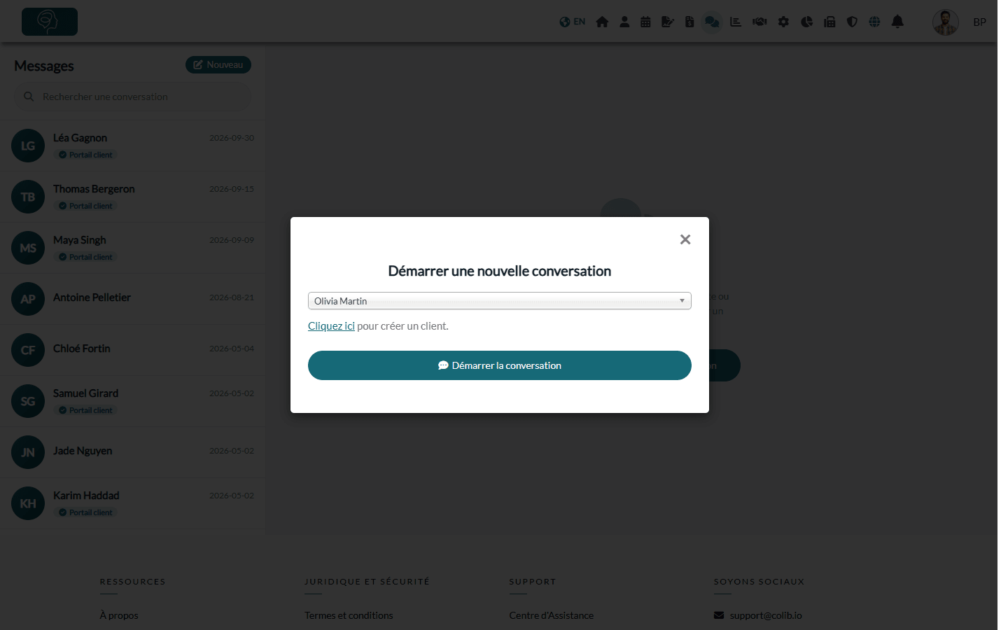 Fenêtre Démarrer une nouvelle conversation avec un client sélectionné