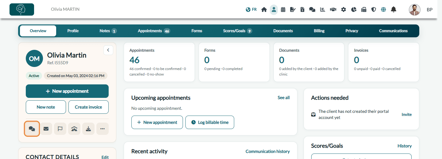 Messaging icon in the header of a client record