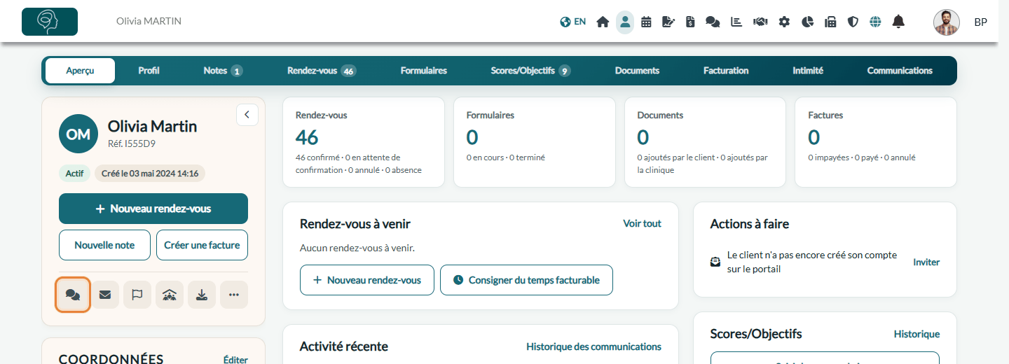 Icône de messagerie dans l'en-tête d'un dossier client