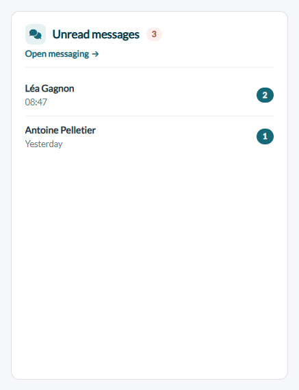 Unread messages card on the home page