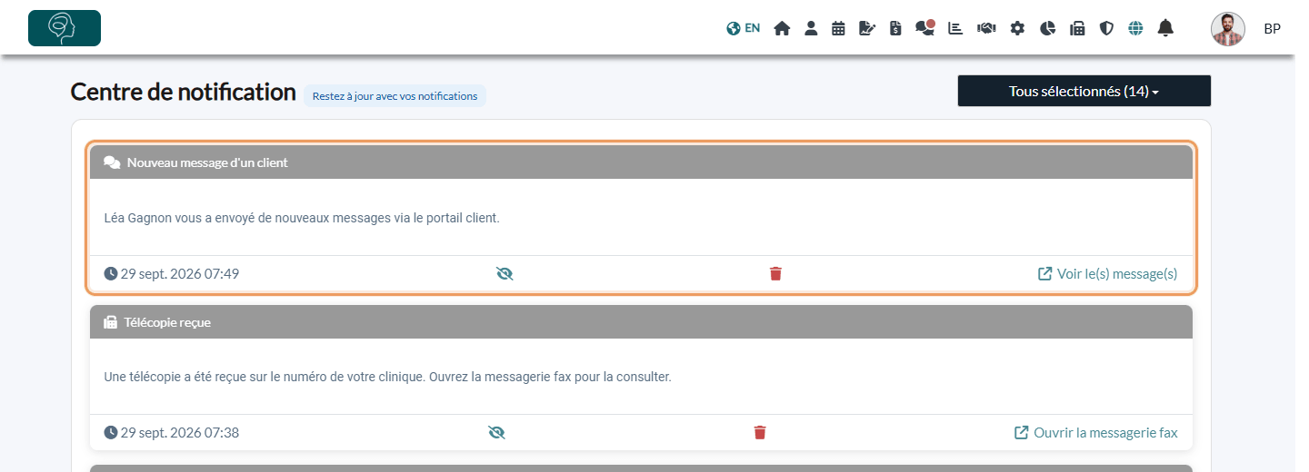 Notification Nouveau message d'un client dans le Centre de notification