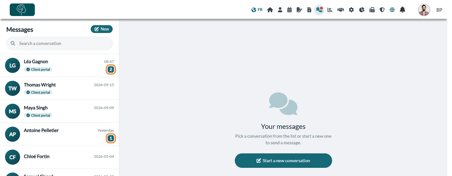 Conversations with an unread messages badge