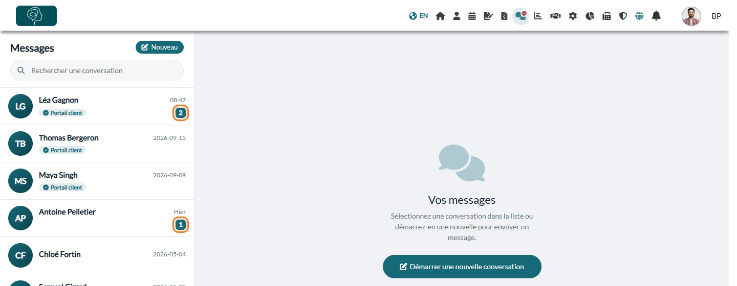 Conversations avec une pastille de messages non lus