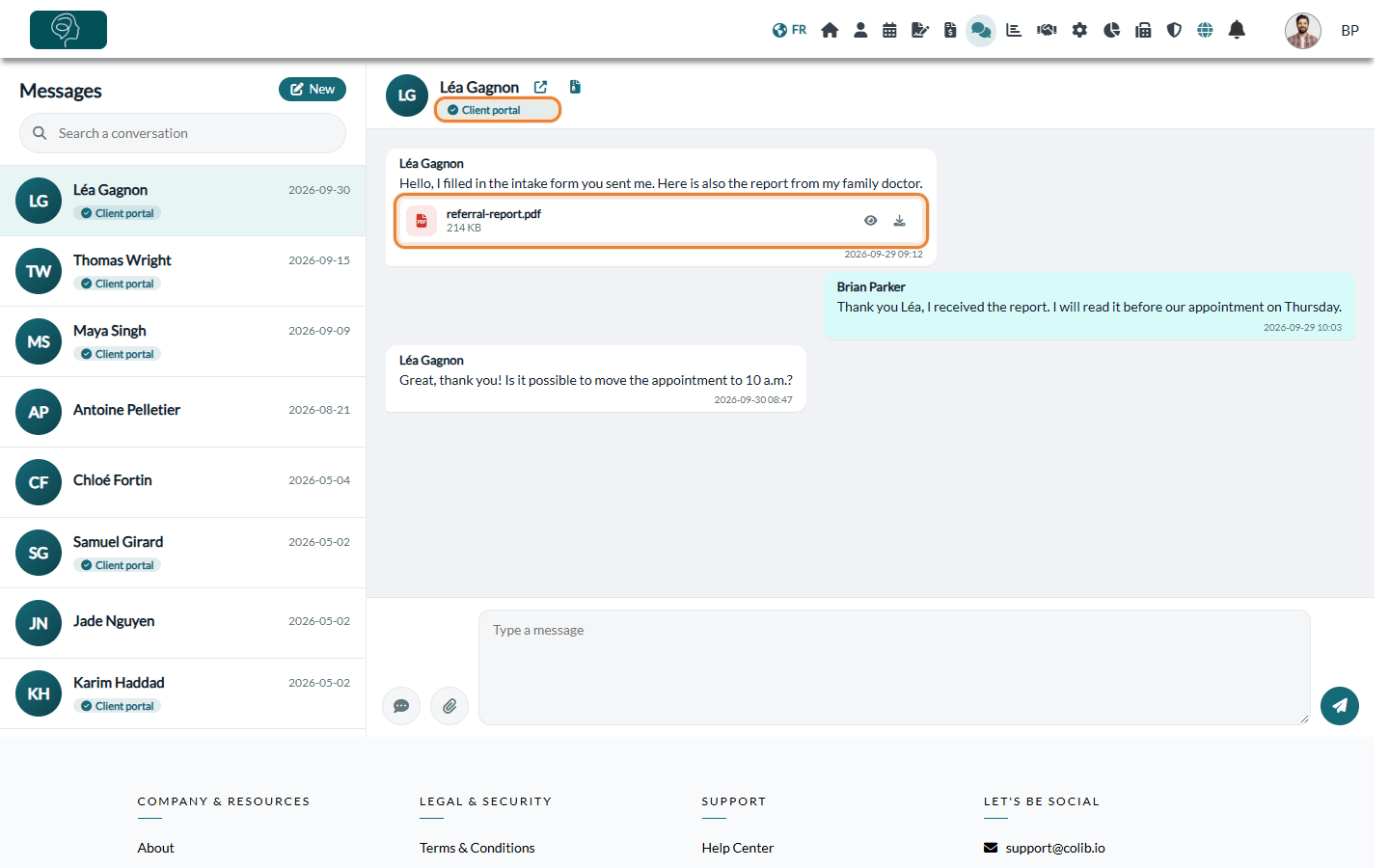 Conversation in Colib with a message and an attachment sent from the client portal