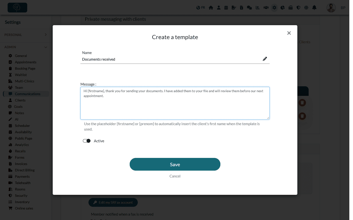 Create a template window with a name, a message and the {firstname} placeholder