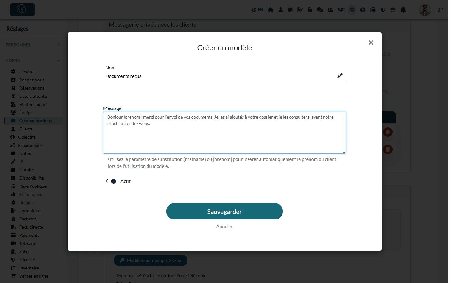 Fenêtre Créer un modèle avec un nom, un message et le paramètre {prenom}