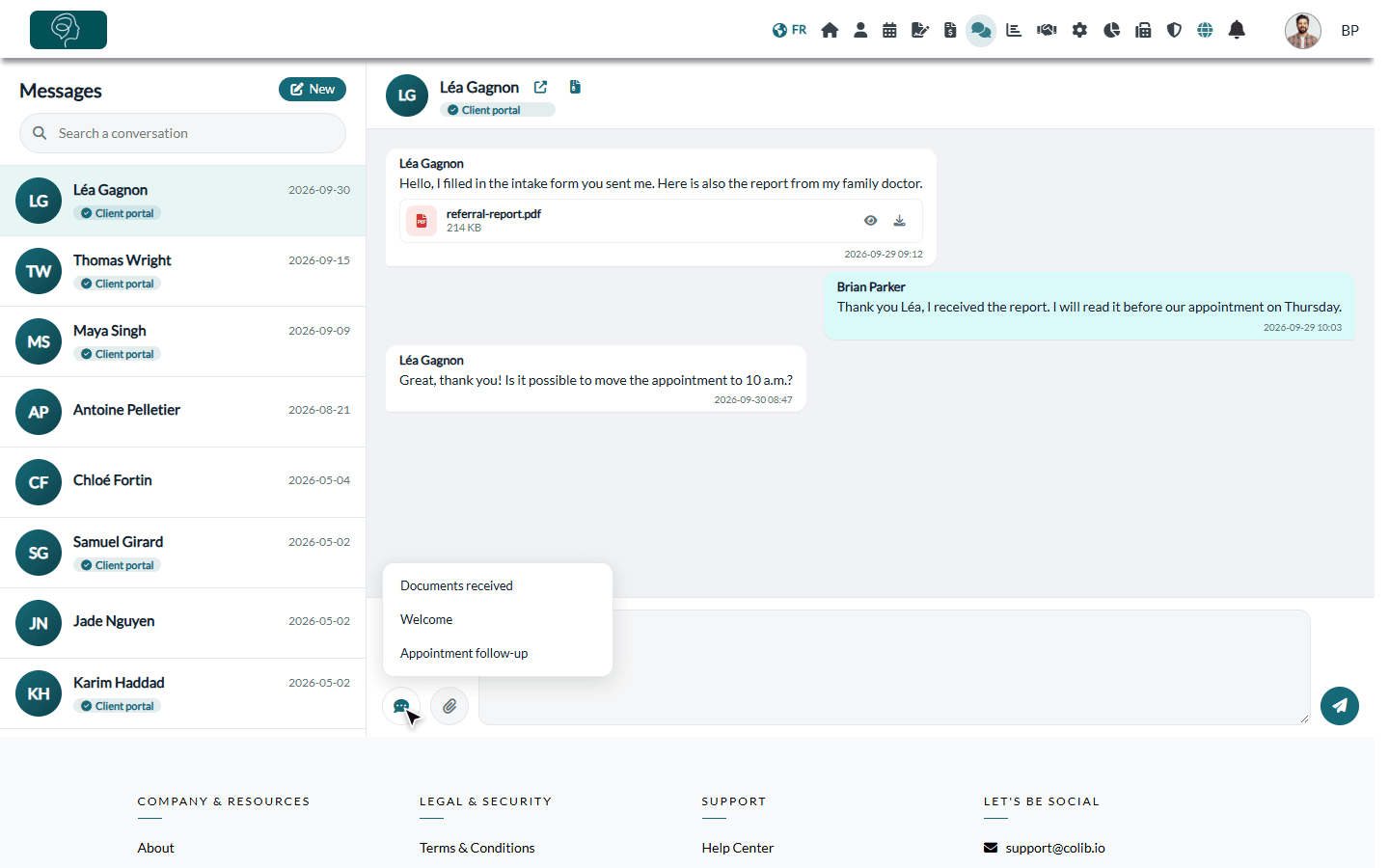 List of templates opened from the conversation