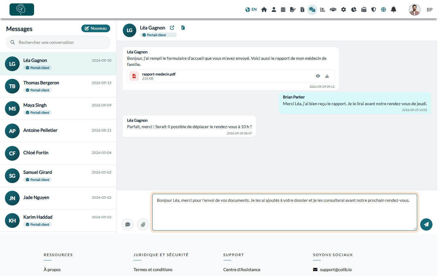 Modèle inséré dans la zone de message avec le prénom du client