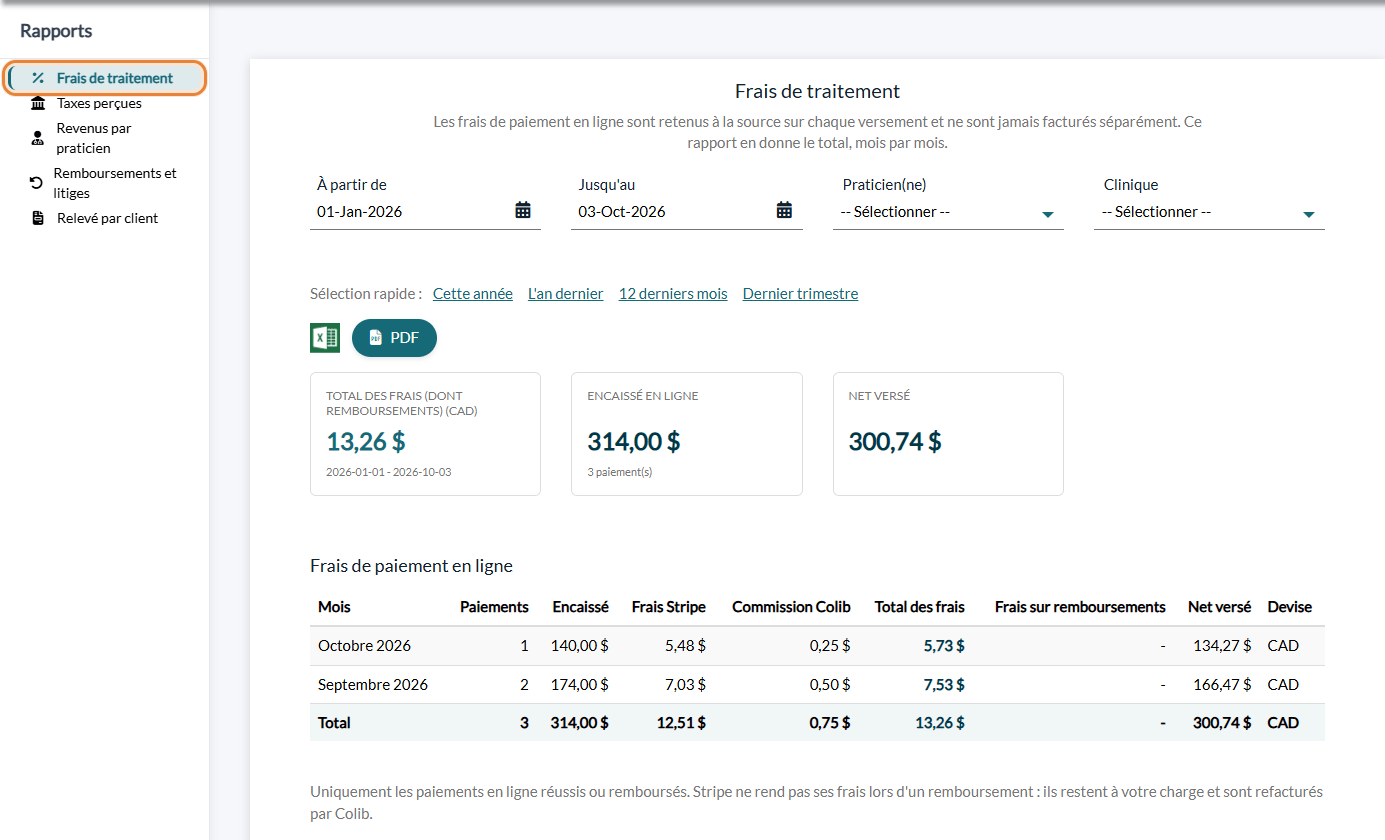 Rapport Frais de traitement avec les frais de paiement en ligne mois par mois