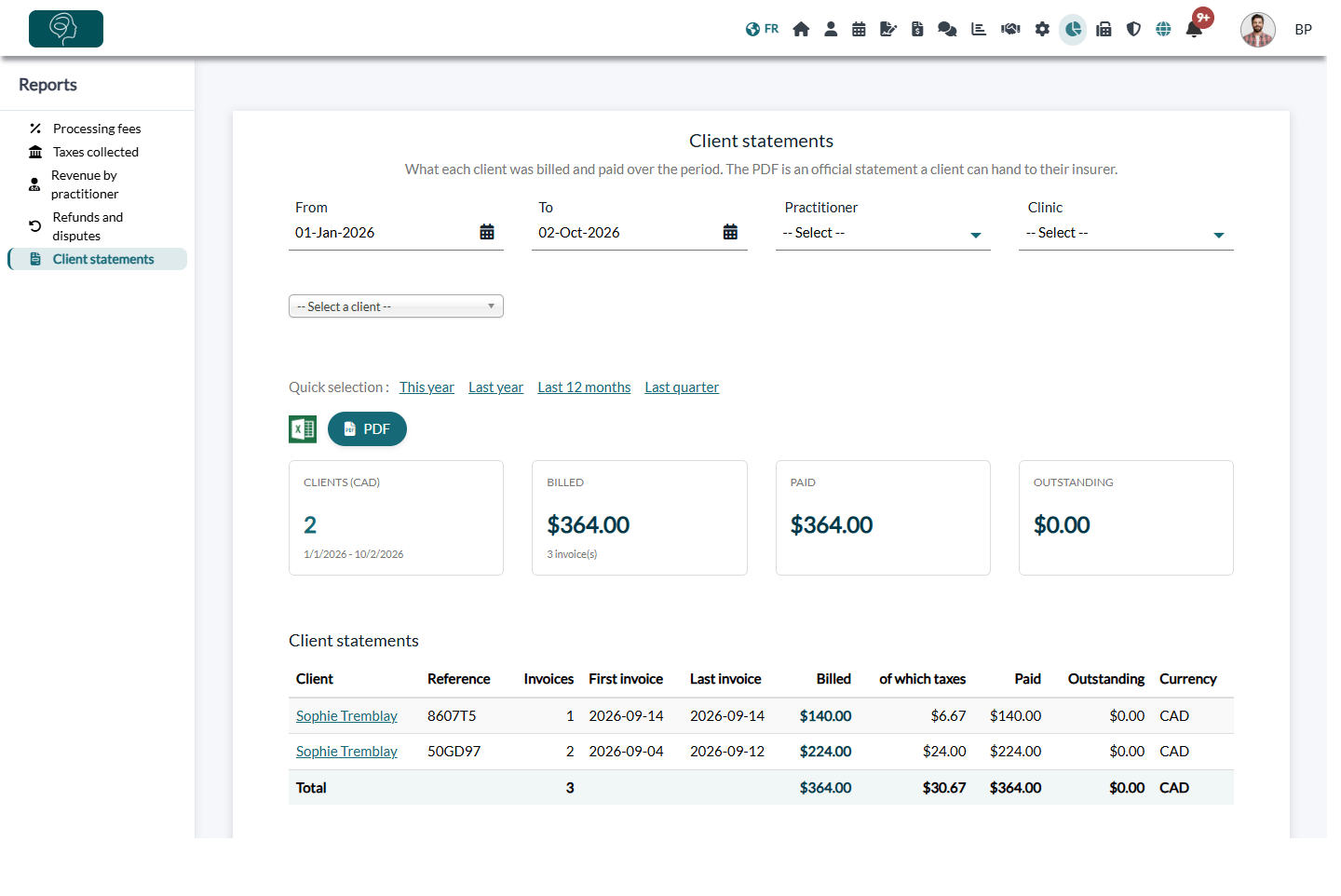 Client statements report listing every client billed over the period