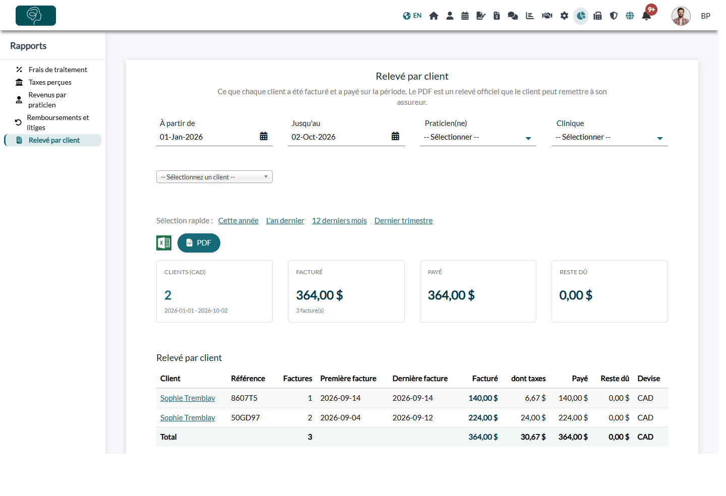 Rapport Relevé par client listant tous les clients facturés sur la période