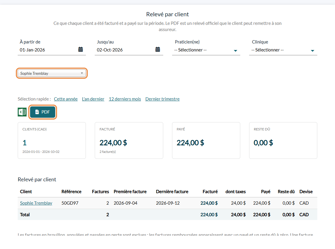 Relevé d'un seul client avec le sélecteur de client et le bouton PDF