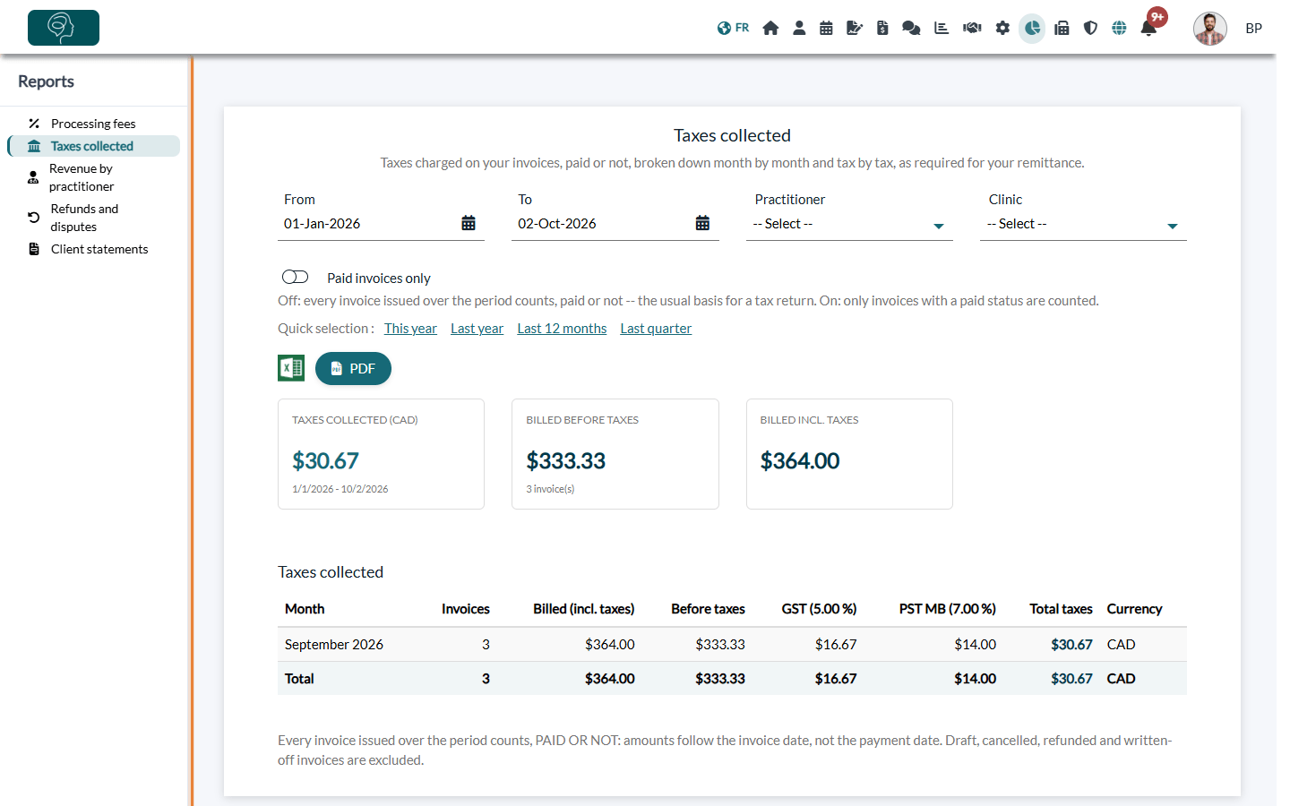 Reports section with the list of reports on the left and the Taxes collected report