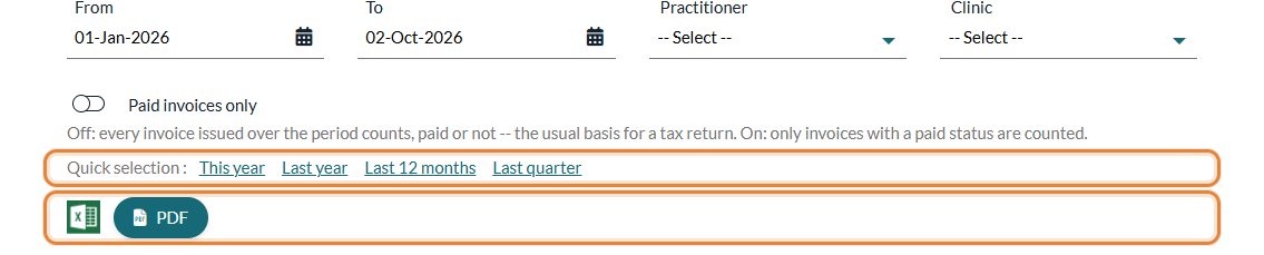 Period, practitioner and clinic filters, quick selection links and export buttons of a report