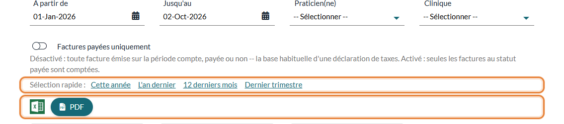 Filtres de période, de praticien et de clinique, liens de sélection rapide et boutons d'export d'un rapport