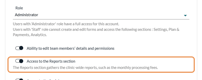 Access to the Reports section switch in the team member settings