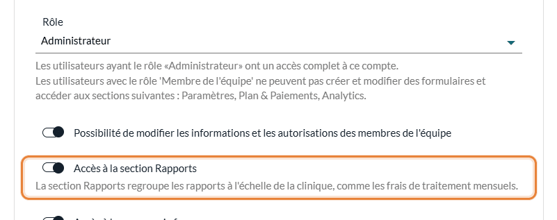 Bouton Accès à la section Rapports dans les réglages du membre de l'équipe