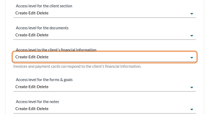 Access level to the client's financial information in the team member settings