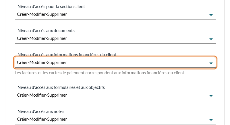 Niveau d'accès aux informations financières du client dans les réglages du membre de l'équipe