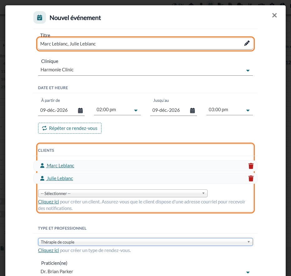 Fenêtre Nouvel événement avec deux clients dans la section Clients et leurs noms dans le Titre