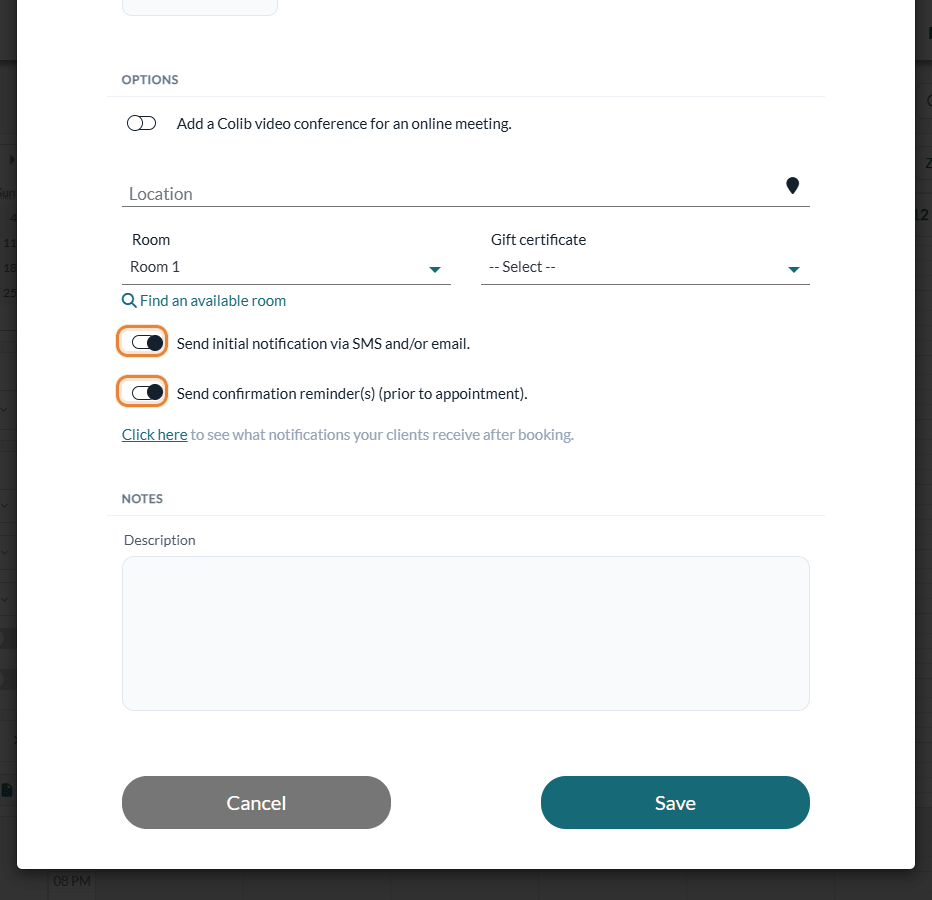 The two notification options, shared by all the clients of the appointment