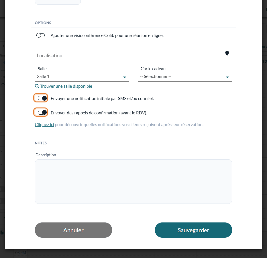 Les deux options de notification, communes à tous les clients du rendez-vous