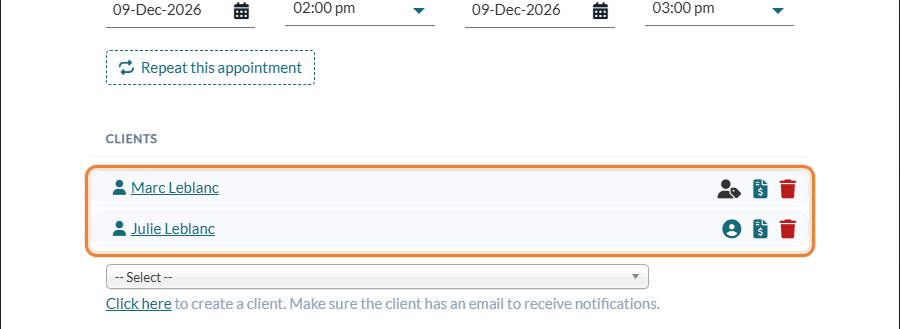 Saved appointment: default payer and Create an invoice icons next to each client