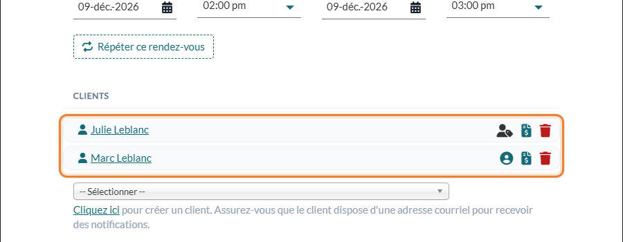 Rendez-vous sauvegardé : icônes de payeur par défaut et Créer une facture à côté de chaque client