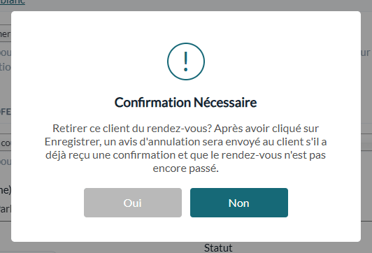 Confirmation avant de retirer un client d'un rendez-vous sauvegardé
