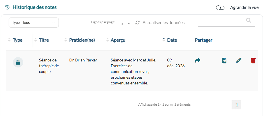La note rédigée à partir du rendez-vous apparaît aussi dans le dossier du deuxième client