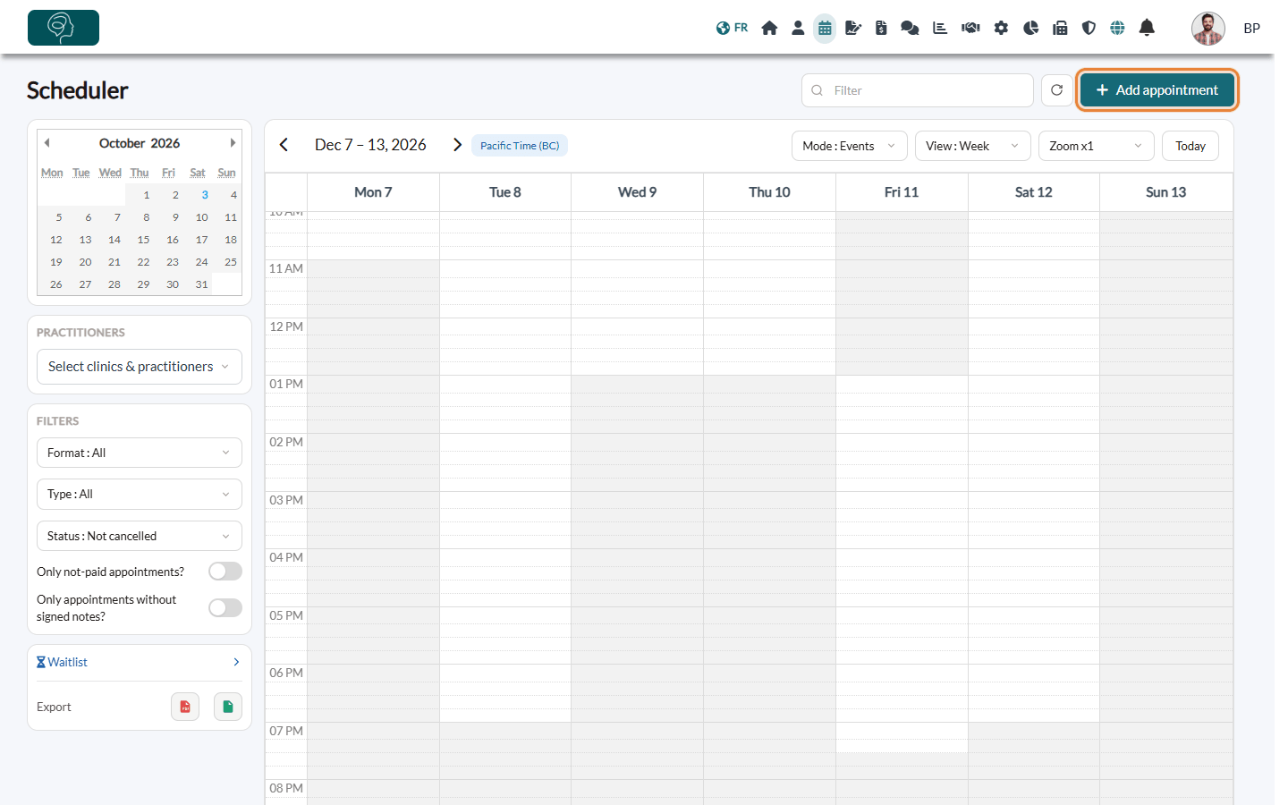 Add appointment button at the top right of the scheduler