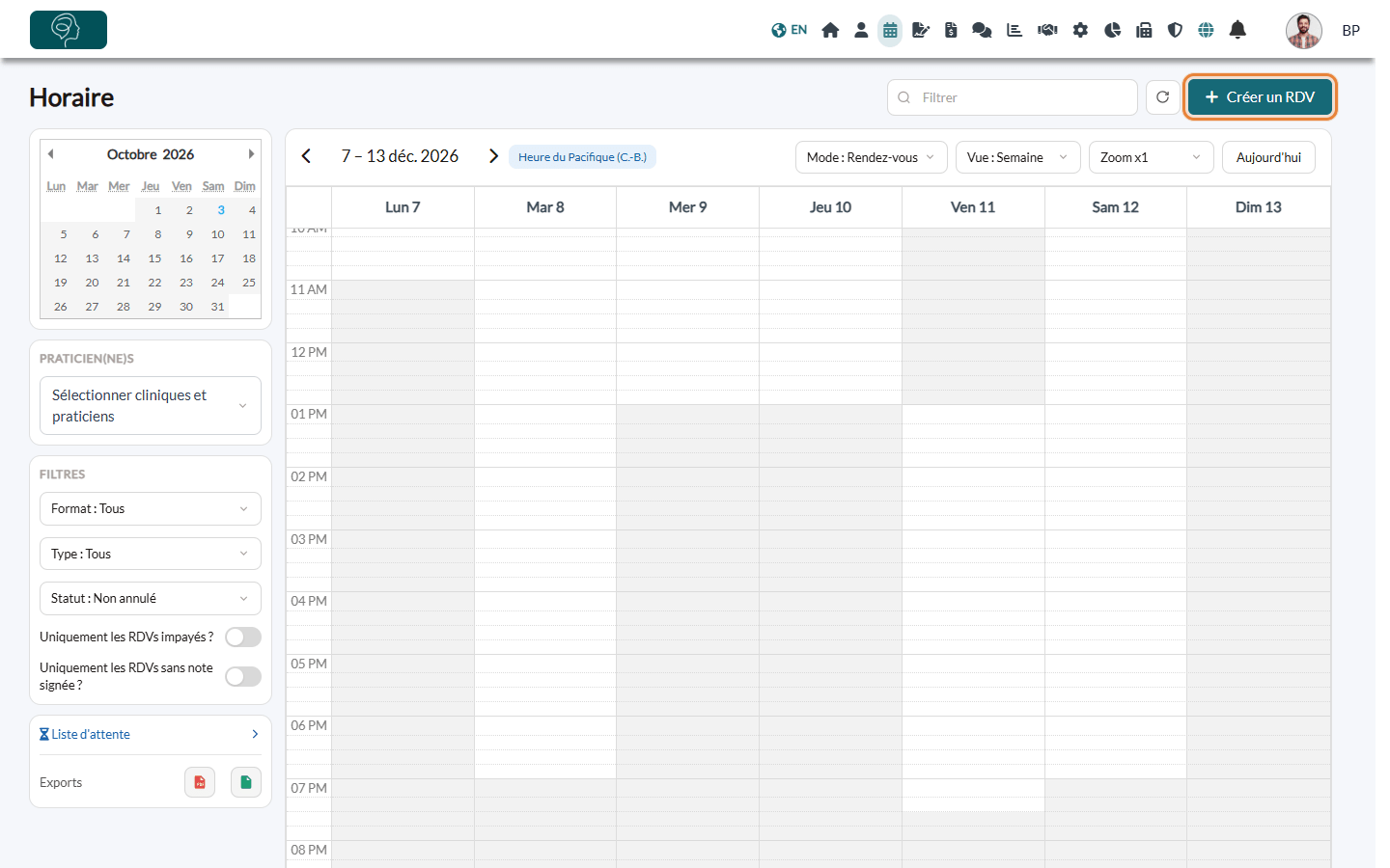 Bouton Créer un RDV en haut à droite de l'horaire