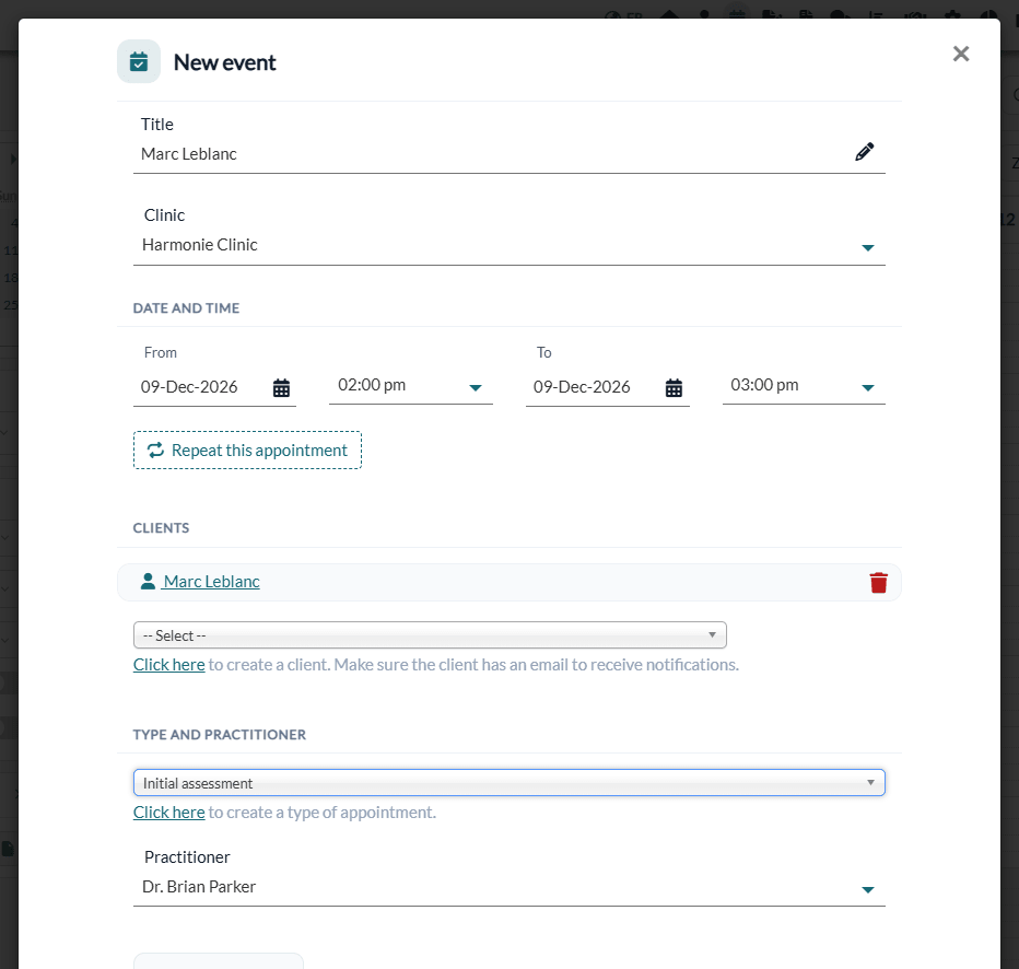 New event window with the date and time, the client and the appointment type
