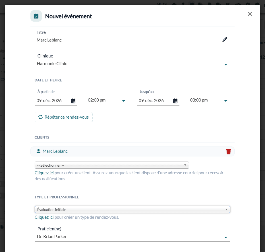 Fenêtre Nouvel événement avec la date et l'heure, le client et le type de rendez-vous