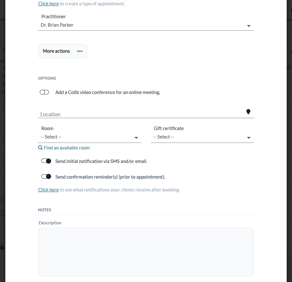 Options section: video conference, location, room and notification options
