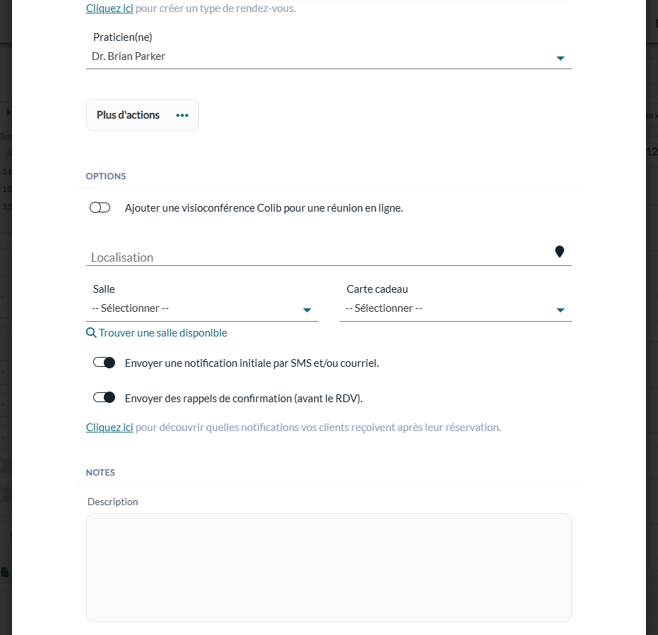 Section Options : visioconférence, localisation, salle et options de notification