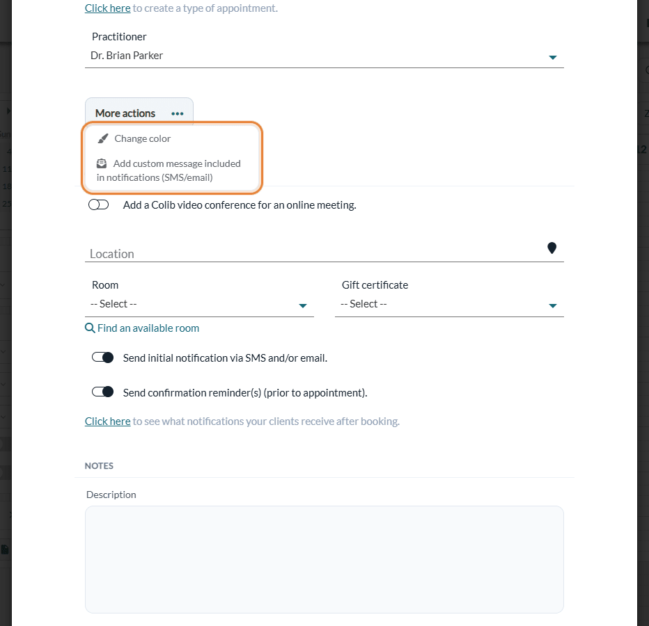 More actions menu: Change color and Add custom message included in notifications