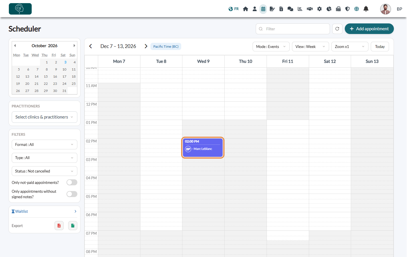 The new appointment in the week view of the scheduler