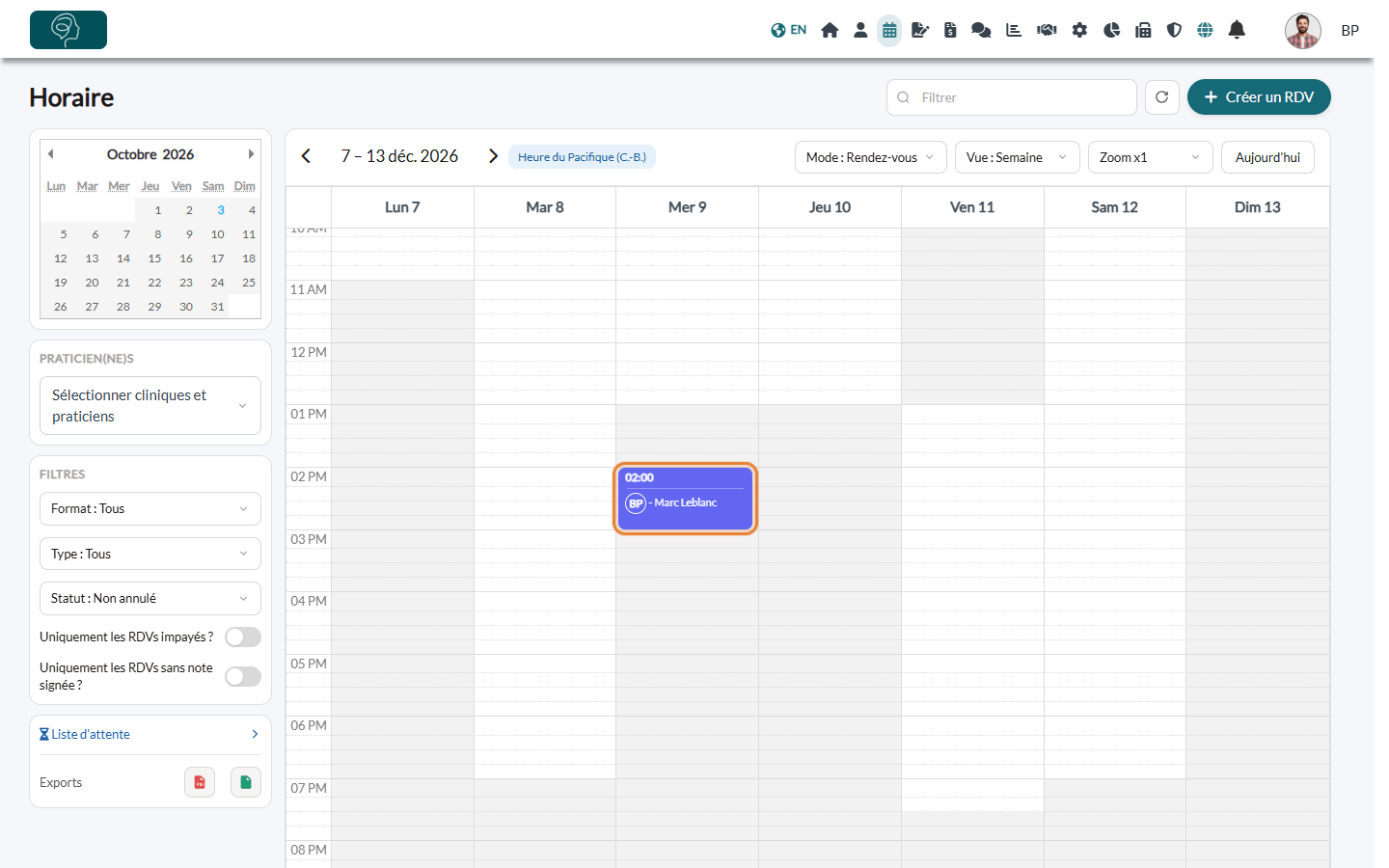 Le nouveau rendez-vous dans la vue Semaine de l'horaire