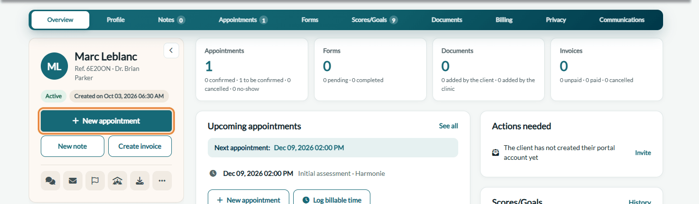 New appointment button in a client record