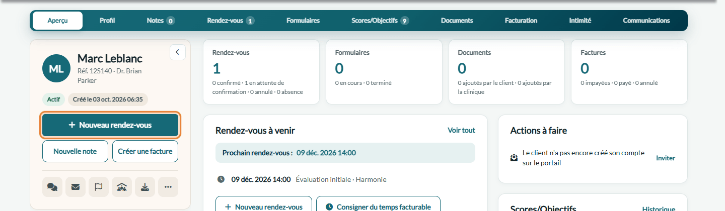 Bouton Nouveau rendez-vous dans le dossier d'un client