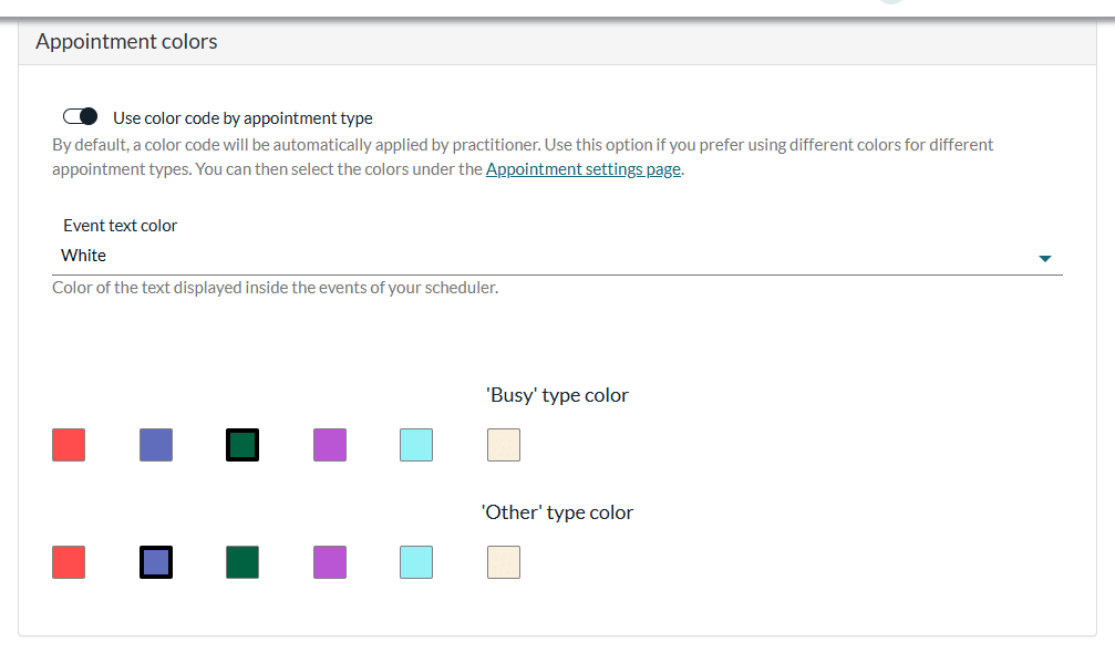 Appointment colors section with the Busy type color and the Other type color