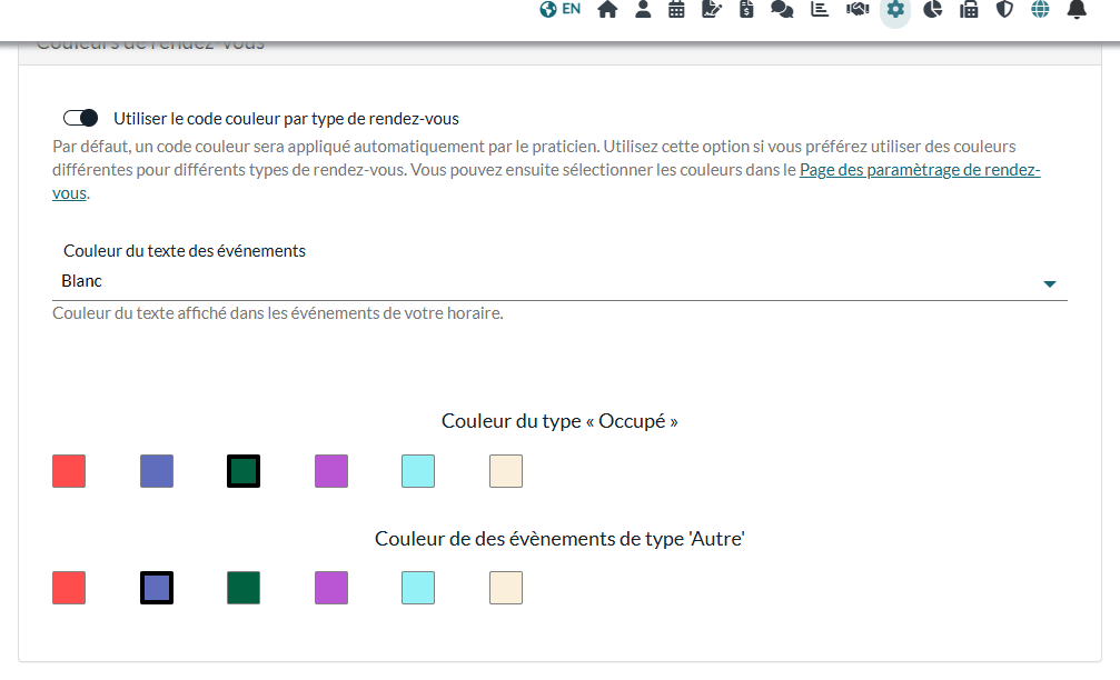 Section Couleurs de rendez-vous avec les couleurs des types Occupé et Autre